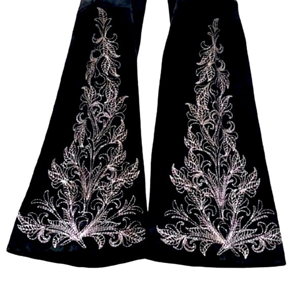 St. John Pants - St. John Couture Suede Leather flare floral embroidered print Pants Black